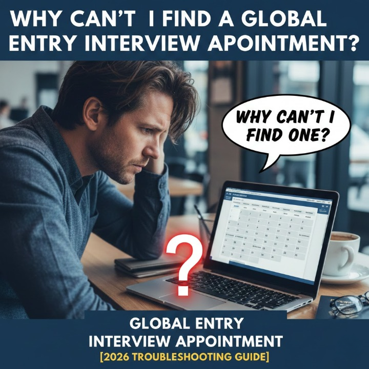 Frustrated person looking at computer screen showing no Global Entry appointments available
